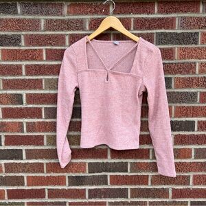 Old Navy Heathered Dusty Pink Ribbed Strappy Front Long Sleeve Square Neck Top